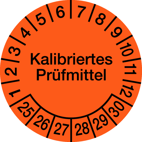 Prüfplakette, Kalibriertes Prüfmittel, Orange/Schwarz, Folie, Ø 30´mm - Bogen = 10 Plaketten