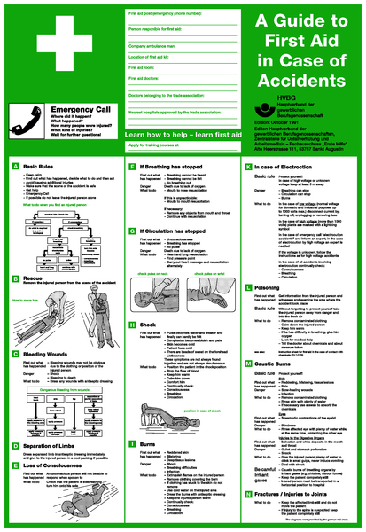 Aushang, Anleitung zur Ersten Hilfe bei Unfällen - verschiedene Sprachen