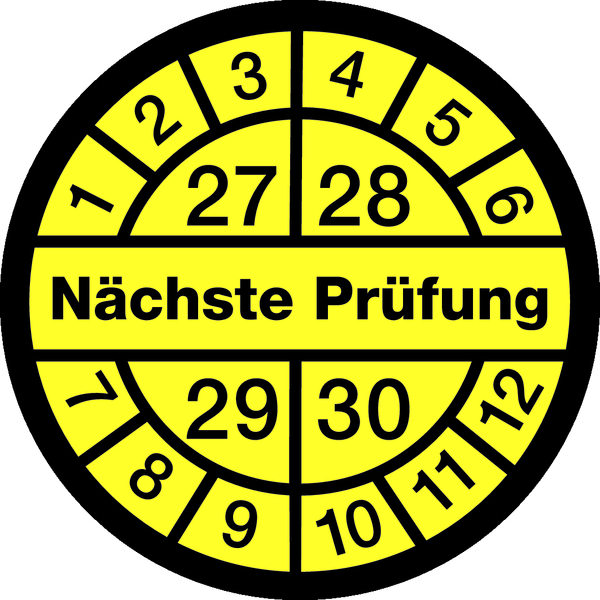 Prüfplakette, Nächste Prüfung, schwarz/gelb, Folie, Ø 12,5/30 mm - Bogen = 10 Plaketten