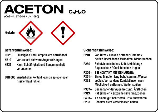 Gefahrstoffetikett, Aceton, Folie, mit H- und P-Sätzen /GHS/CLP/GefStoffV