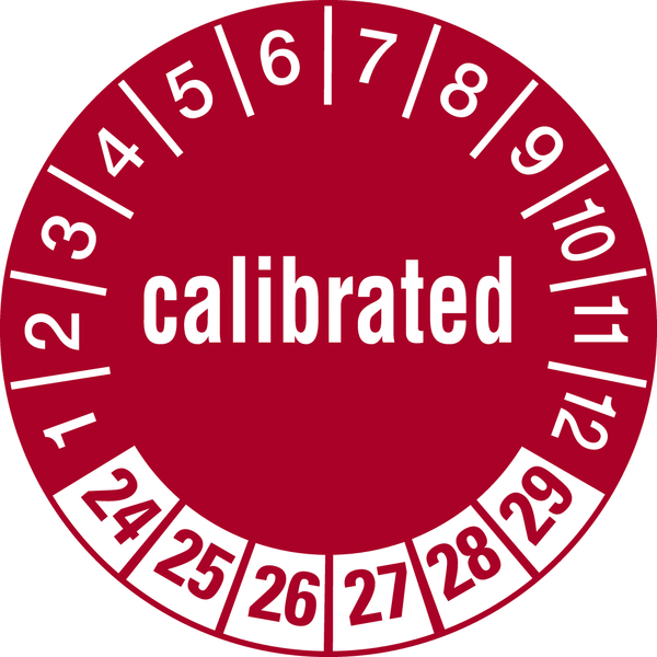 Prüfplakette, calibrated, rot/weiß, Folie, Ø 30 mm - Bogen = 10 Plaketten