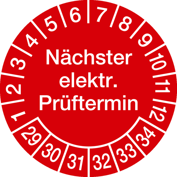 Prüfplakette, Nächster elektr. Prüftermin, rot/weiß, Folie, Ø 30 mm - Bogen = 10 Plaketten