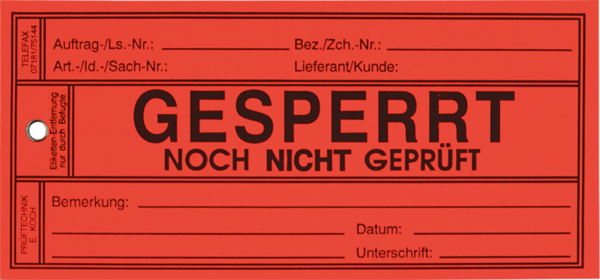 Papieranhänger: Gesperrt / noch nicht geprüft - Karton = 500 Stk.