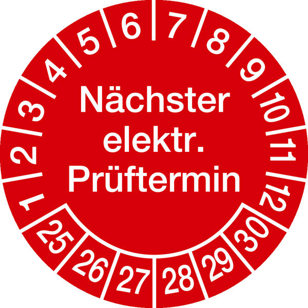 Prüfplakette, Nächster elektr. Prüftermin, rot/weiß, Folie, Ø 30 mm - Bogen = 10 Plaketten