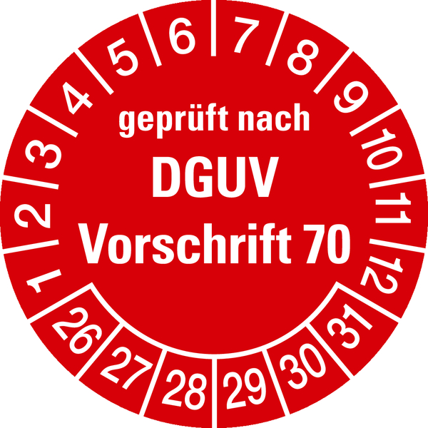 Prüfplakette, geprüft nach DGUV Vorschrift 70, rot/weiß, Folie, Ø 30 mm - Bogen = 10 Plaketten