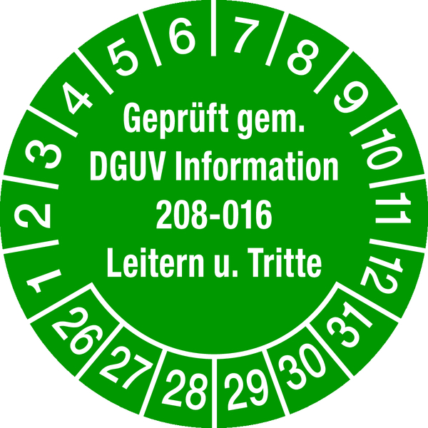 Prüfplakette, DGUV Information 208-016 Leitern und Tritte, grün/weiß, Ø 30 mm - Bogen = 10 Plaketten