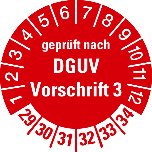 Prüfplakette, geprüft nach DGUV Vorschrift 3, rot/weiß, Ø 30 mm - Spenderbox à 500 Stück