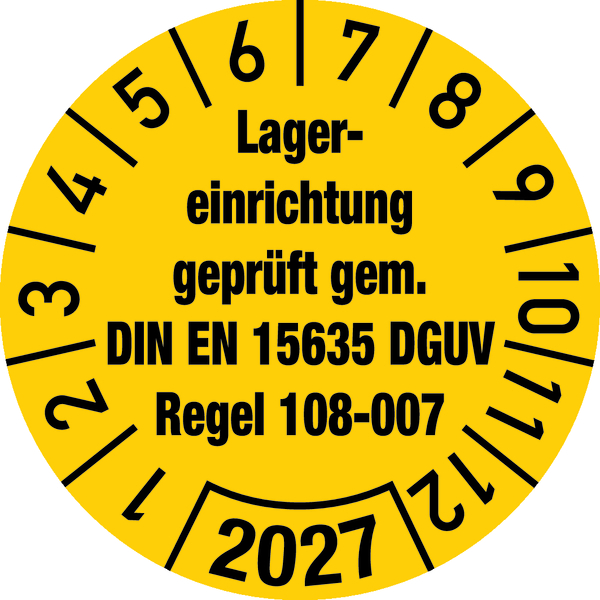 Jahresprüfplakette, Lagererinrichtung DIN EN 15635 DGUV Regel 108-007, Ø 30 mm - Bogen = 10 Stk.