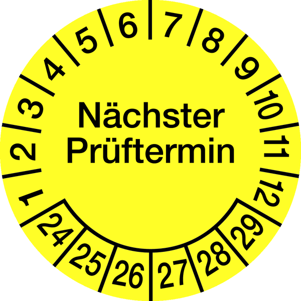 Prüfplakette, Nächster Prüftermin, Folie, gelb/schwarz, Ø 60 mm - Bogen = 4 Plaketten