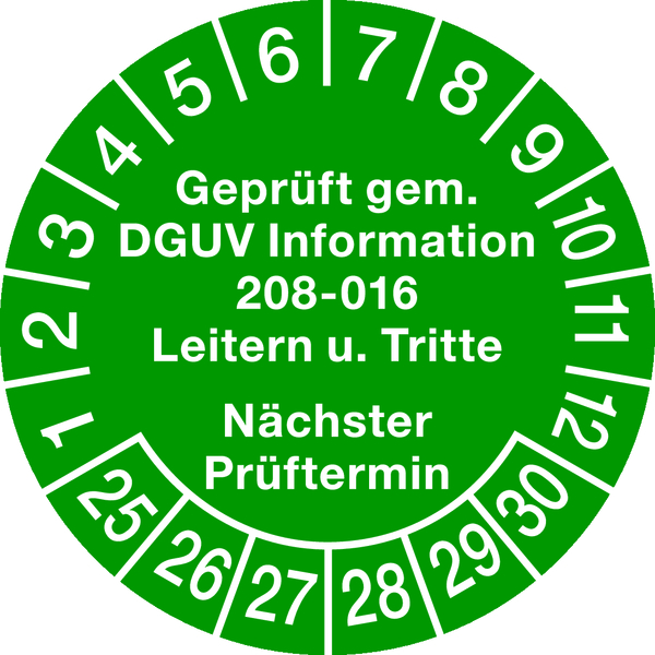 Prüfplakette, DGUV Information 208-016 Nächster Prüftermin, grün/weiß, Ø 30 mm - Bogen = 10 Stk.