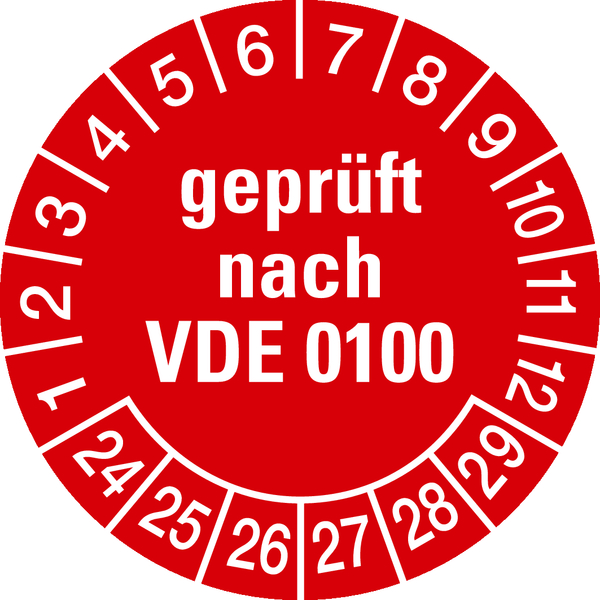 Prüfplakette, geprüft nach VDE 0100, rot/weiß, Folie, Ø 30 mm - Bogen = 10 Plaketten