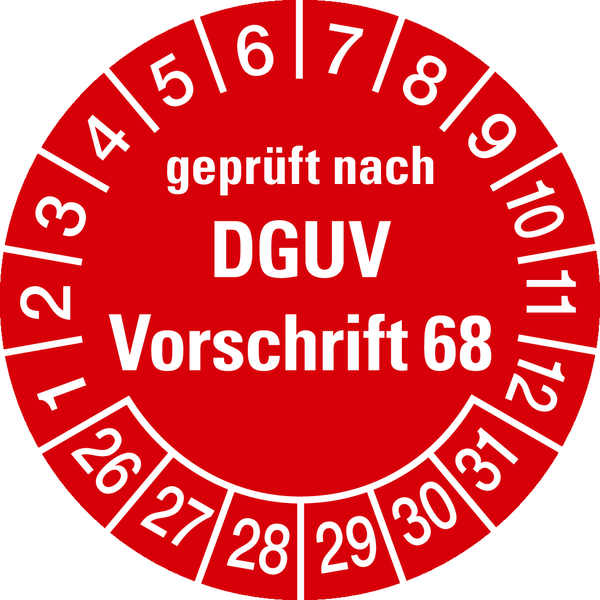 Prüfplaketten, geprüft nach DGUV Vorschrift 68, rot/weiß, Folie, Ø 30mm - Bogen = 10 Plaketten