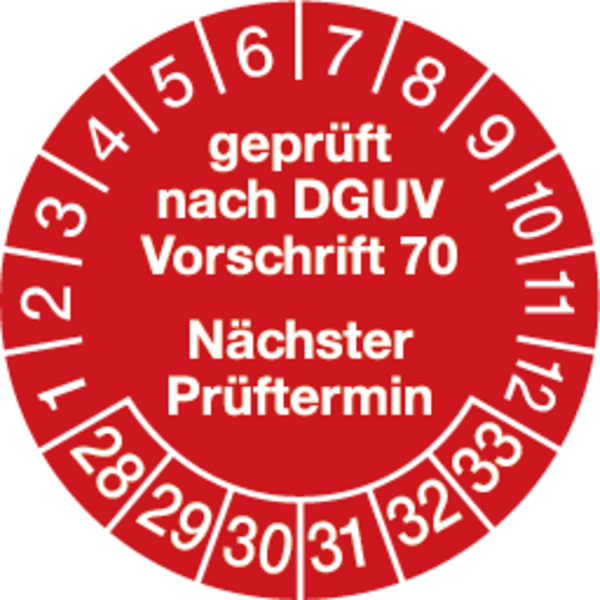 Prüfplaketten, DGUV Vorschrift 70 Nächster Prüftermin, rot/weiß, Folie, Ø 30 mm - Bogen = 10 Stk.