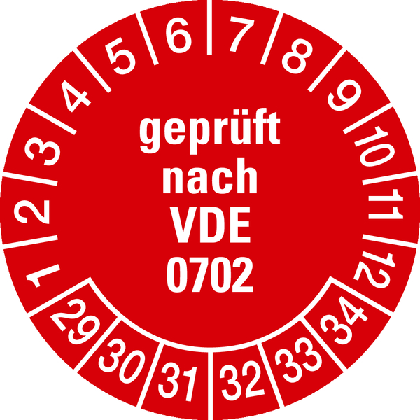 Prüfplakette, geprüft nach VDE 0702, rot/weiß, Ø 30 mm - Bogen = 10 Plaketten