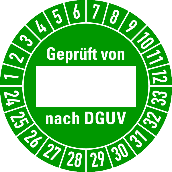 Prüfplakette, Geprüft von (Freifeld) nach DGUV, grün/weiß, Folie, Ø 30 mm - Bogen = 10 Plaketten