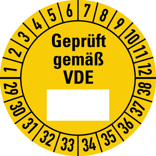 Prüfplakette, Geprüft gemäß VDE (Freifeld), gelb/schwarz, Folie, Ø 30 mm - Bogen = 10 Plaketten