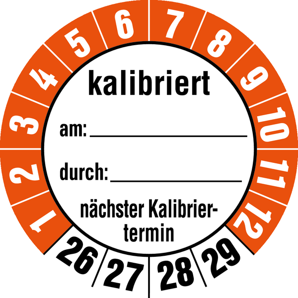 Prüfplakette, kalibriert nächster Kalibriertermin, Folie, Ø 35 mm - Bogen = 10 Plaketten