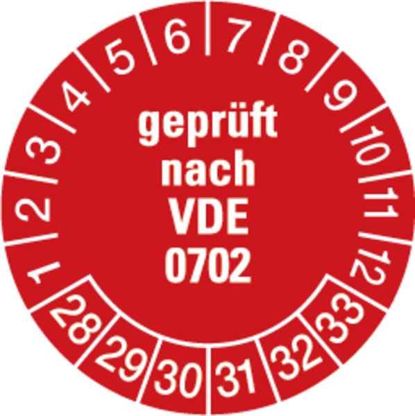 Prüfplakette, geprüft nach VDE 0702, rot/weiß, Ø 30 mm - Bogen = 10 Plaketten