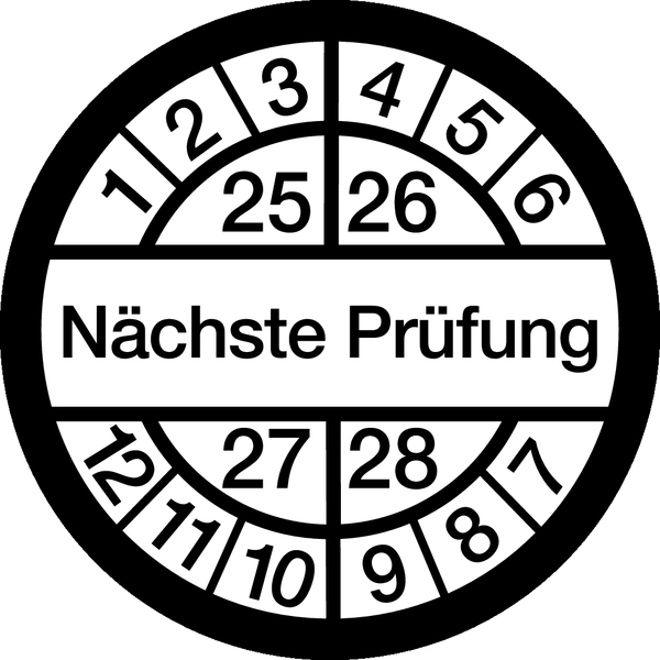 Prüfplakette, Nächste Prüfung, weiß/schwarz, Ø 16 mm - Bogen = 10 Plaketten