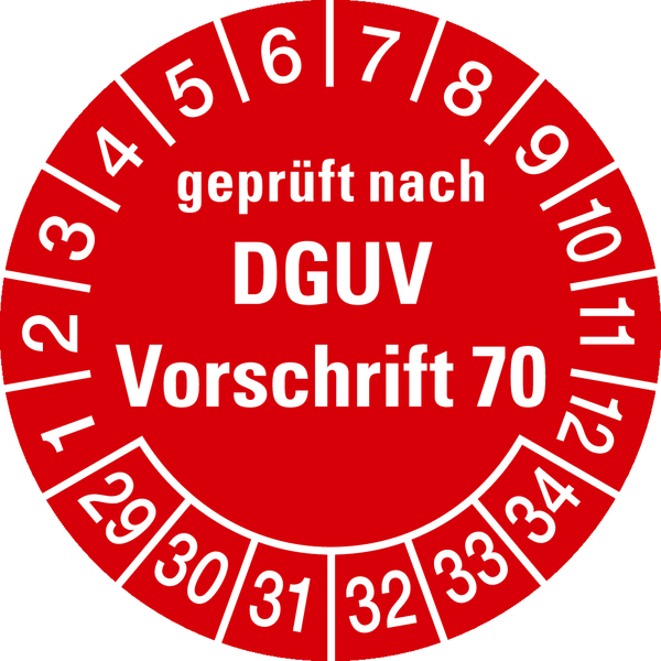 Prüfplakette, geprüft nach DGUV Vorschrift 70, rot/weiß, Folie, Ø 30 mm - Bogen = 10 Plaketten