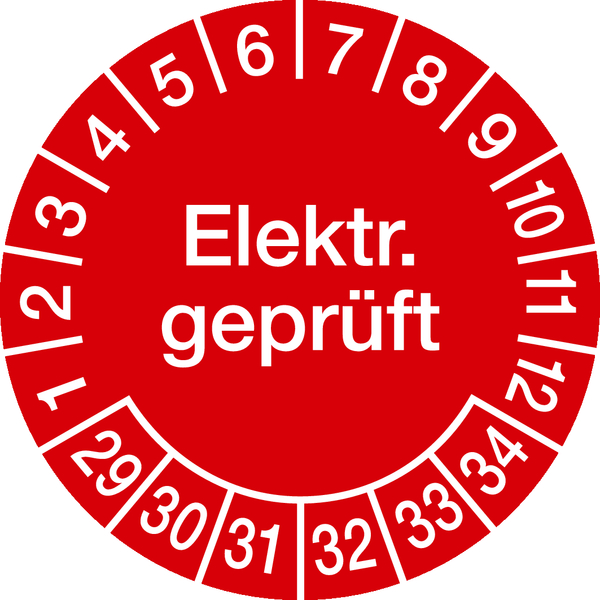 Prüfplakette, Elektr. geprüft, rot/weiß, Folie, Ø 30 mm - Spenderbox à 500 Stück