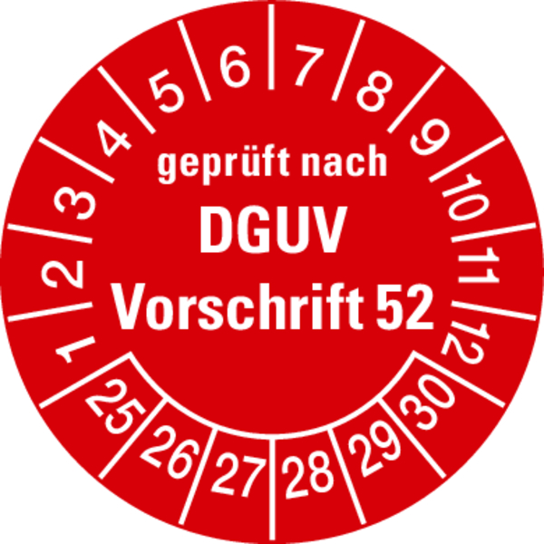 Prüfplakette, geprüft nach DGUV Vorschrift 52, rot/weiß, Folie, Ø 30 mm - Bogen = 10 Plaketten