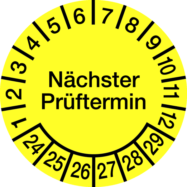 Prüfplakette, Nächster Prüftermin, Dokumentenfolie, gelb/schwarz, Ø 15 mm - Bogen = 10 Plaketten