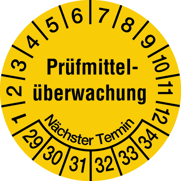 Prüfplakette, Prüfmittelüberwachung Nächster Termin, gelb/schwarz, Folie, Ø 20mm - Bogen = 10 Stk.