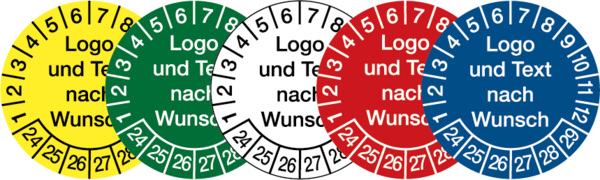 Prüfplaketten, Logo und Text nach Wunsch, Folie, Ø 20 - 40 mm - Bogen = 10 Stk.