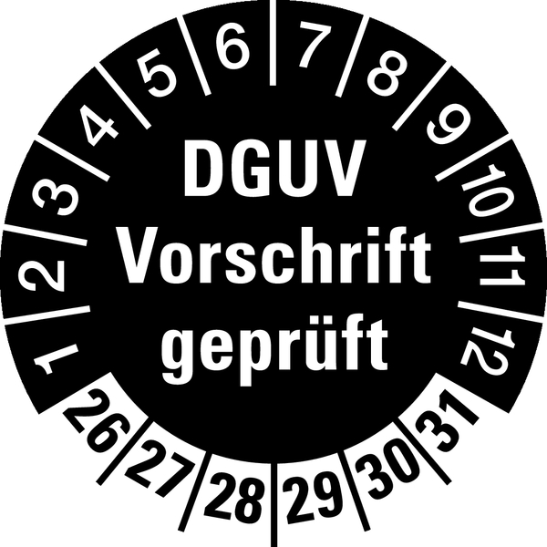 Prüfplakette, DGUV Vorschrift geprüft, schwarz/weiß, Ø 30 mm - Bogen = 10 Plaketten