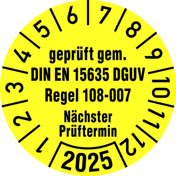 Jahresprüfplakette, geprüft gem. DIN EN 15635/DGUV Regel 108-007, Folie, Ø 30mm - Bogen = 10 Stk.