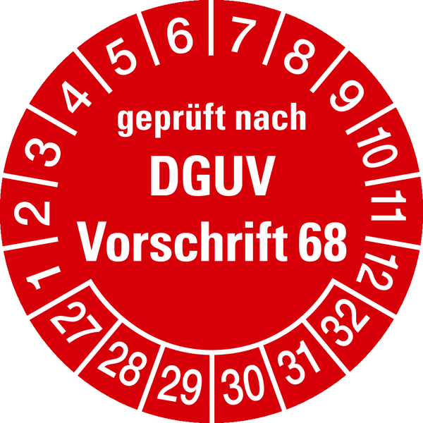 Prüfplaketten, geprüft nach DGUV Vorschrift 68, rot/weiß, Folie, Ø 30mm - Bogen = 10 Plaketten