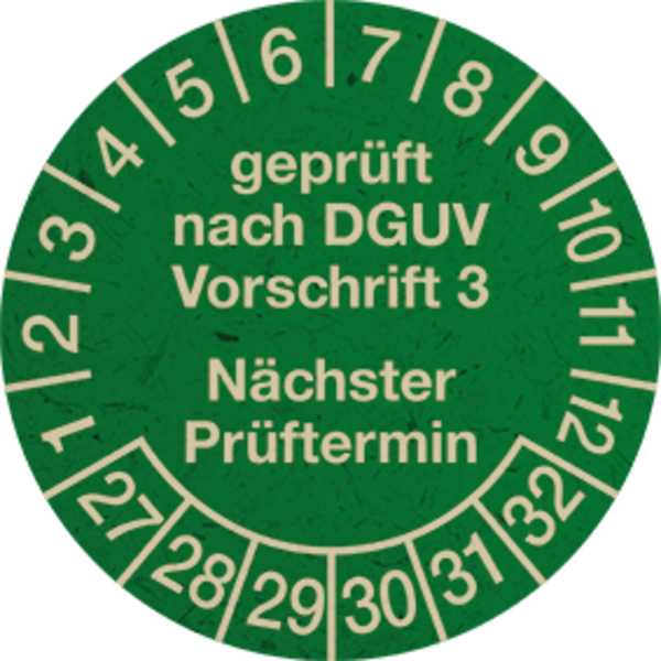 Prüfplakette, DGUV V3 Nächster Prüftermin, Graspapier, Jahresfarben, Ø 30 mm - Bogen = 10 Plaketten