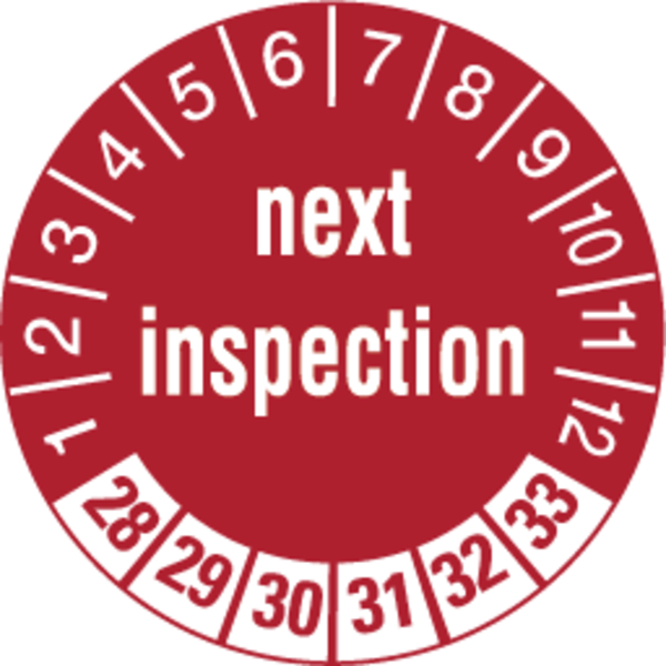 Prüfplakette, next inspection, rot/weiß, Folie, Ø 30 mm - Bogen = 10 Plaketten