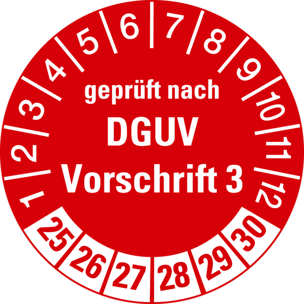 Prüfplakette, geprüft nach DGUV Vorschrift 3, rot/weiß, Ø 30 mm - Spenderbox à 500 Stück