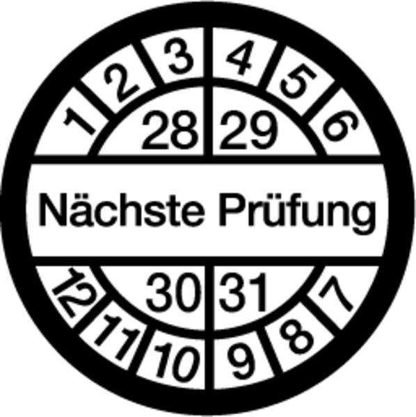 Prüfplakette, Nächste Prüfung, weiß/schwarz, Ø 16 mm - Bogen = 10 Plaketten