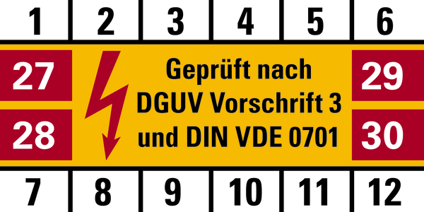 Prüfplakette, DGUV Vorschrift 3 & DIN VDE 0701, Folie, 25 x 50 mm - Bogen = 10 Plaketten