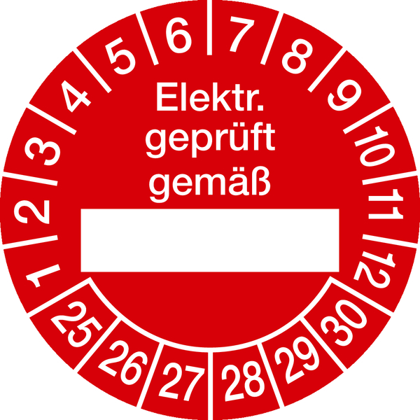 Prüfplakette, Elektr. geprüft gemäß (Freifeld), rot/weiß, Folie, Ø 30 mm - Bogen = 10 Plaketten