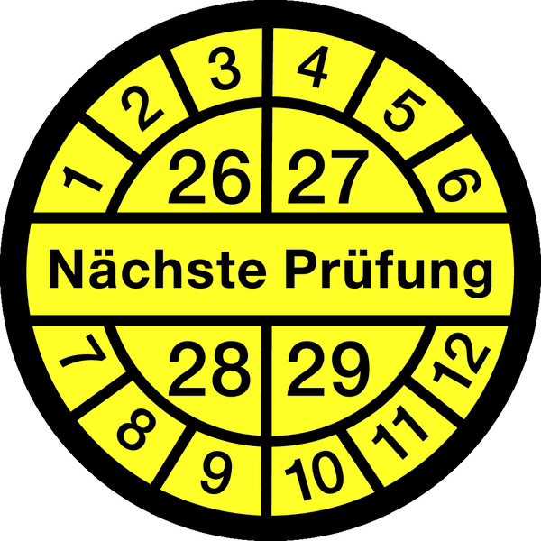 Prüfplakette, Nächste Prüfung, schwarz/gelb, Dokumentenfolie, Ø 12,5/30 mm - Bogen = 10 Plaketten