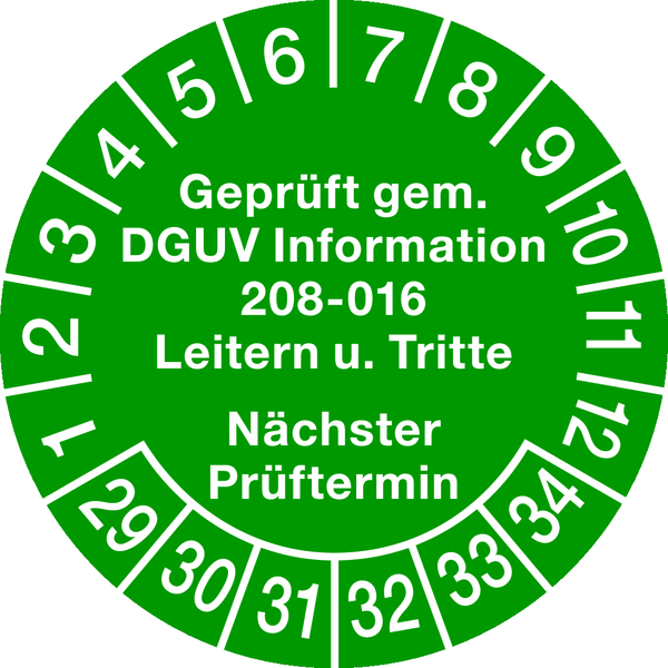 Prüfplakette, DGUV Information 208-016 Nächster Prüftermin, grün/weiß, Ø 30 mm - Bogen = 10 Stk.