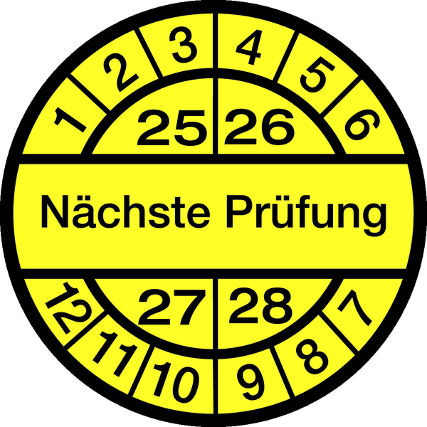 Prüfplakette, Nächste Prüfung, schwarz/gelb, Dokumentenfolie, Ø 12,5/30 mm - Bogen = 10 Plaketten