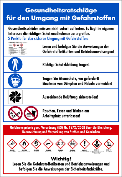 Aushang, Gesundheitsratschläge für den Umgang mit Gefahrstoffen - GHS/ISO 7010 Piktogramme