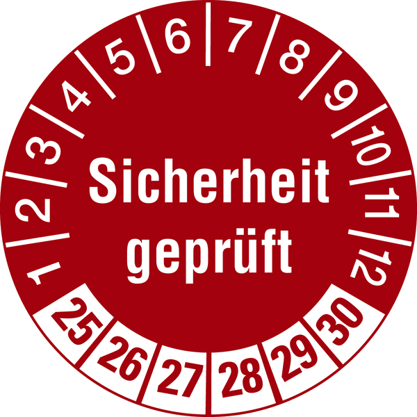 Prüfplakette, Sicherheit geprüft, Rot/Weiß, Folie, Ø 30 mm - Bogen = 10 Plaketten