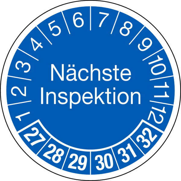 Prüfplakette, Nächste Inspektion, blau/weiß, Folie, Ø 30 mm - Bogen = 10 Plaketten