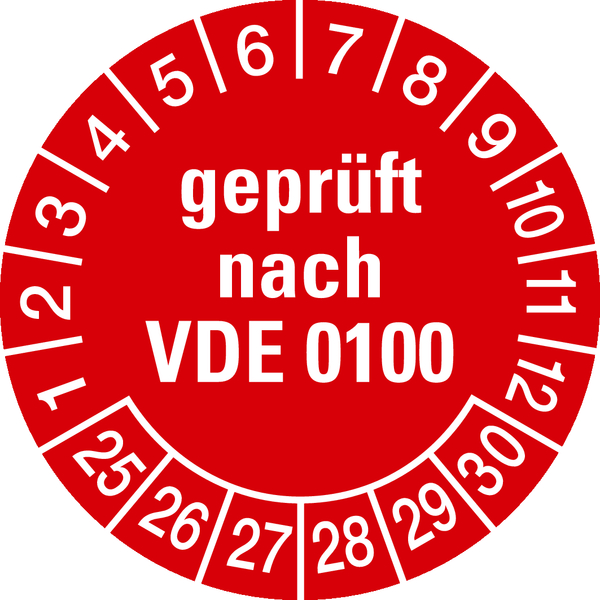 Prüfplakette, geprüft nach VDE 0100, rot/weiß, Folie, Ø 30 mm - Bogen = 10 Plaketten