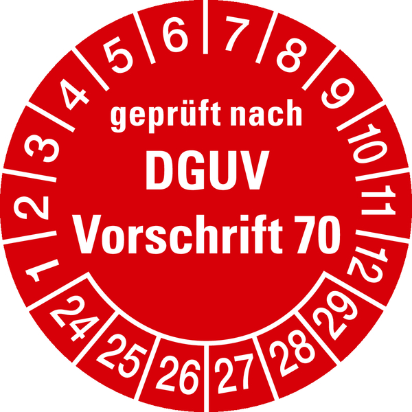 Prüfplakette, geprüft nach DGUV Vorschrift 70, rot/weiß, Folie, Ø 30 mm - Bogen = 10 Plaketten
