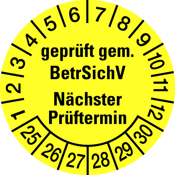 Prüfplakette, BetrSichV Nächster Prüftermin, gelb/schwarz, Folie, Ø 30 mm - Bogen = 10 Plaketten