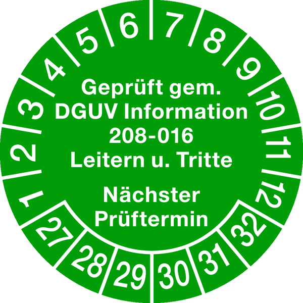 Prüfplakette, DGUV Information 208-016 Nächster Prüftermin, grün/weiß, Ø 30 mm - Bogen = 10 Stk.