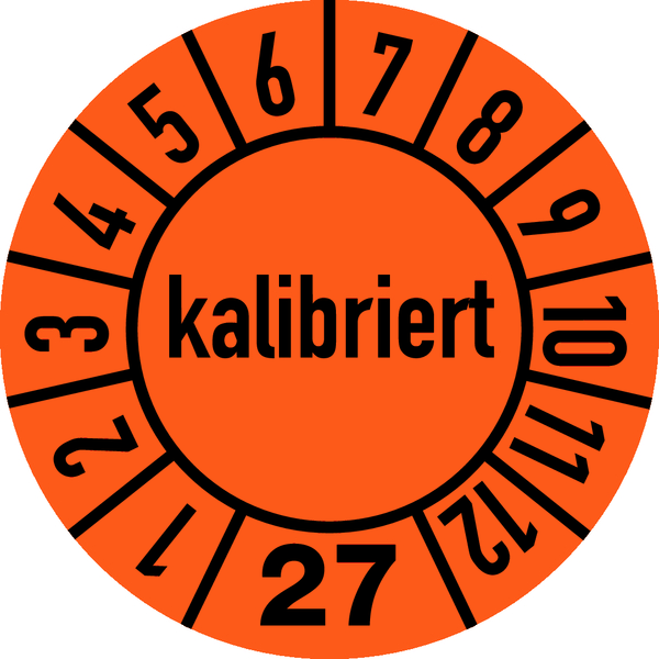 Jahresprüfplakette, kalibriert, orange/schwarz, Folie, Ø 10 mm - Bogen = 10 Plaketten