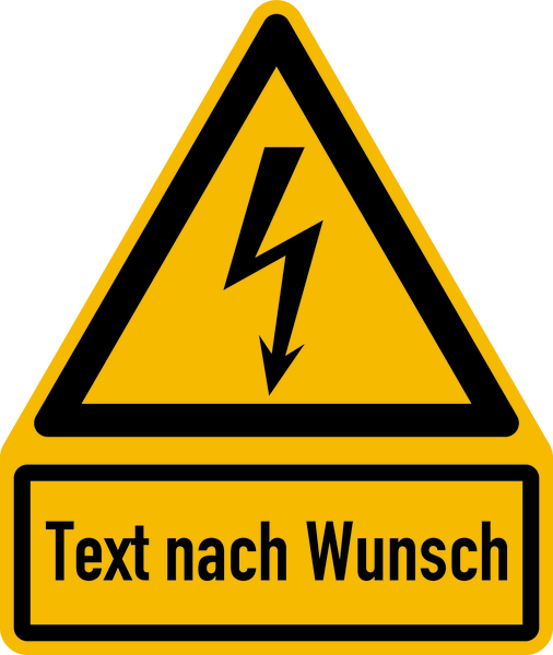 Kombi-Warnschild, Warnung vor elektrischer Spannung W012 (Blitzpfeil) + Wunschtext, 237 x 200 mm
